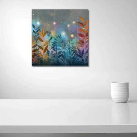 Abstract cosmic botanical art with glowing stars, leafy stems, and deep nebula tones