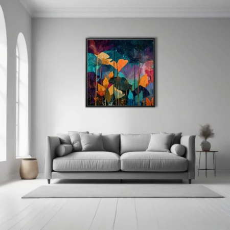 Abstract botanical night scene with jewel-toned leaves and starry sky