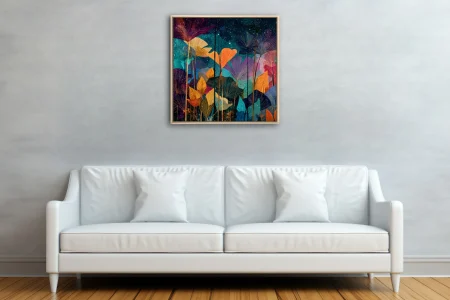 Abstract botanical night scene with jewel-toned leaves and starry sky