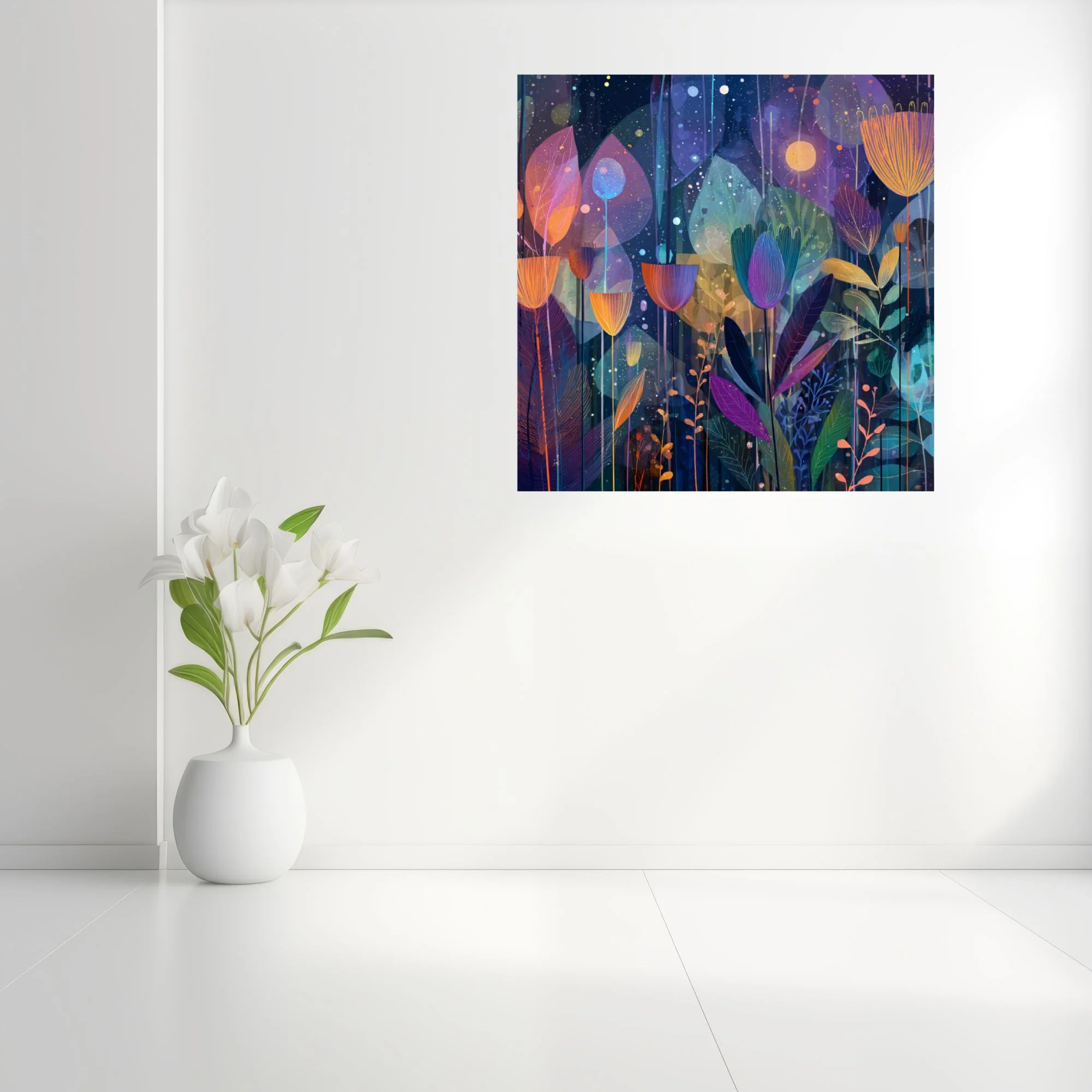 Abstract botanical night garden illustration, jewel tones, glowing flora on deep blue