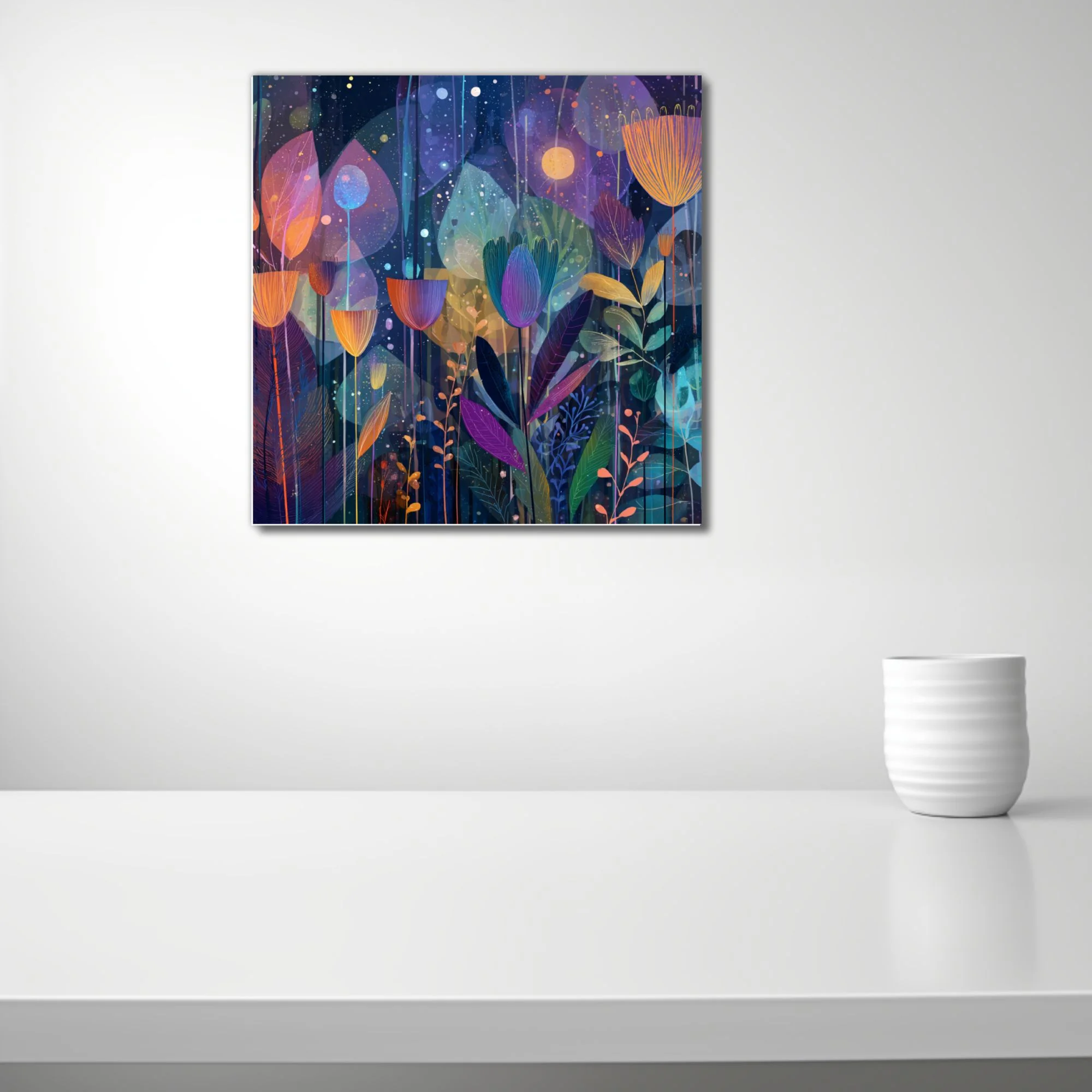 Abstract botanical night garden illustration, jewel tones, glowing flora on deep blue