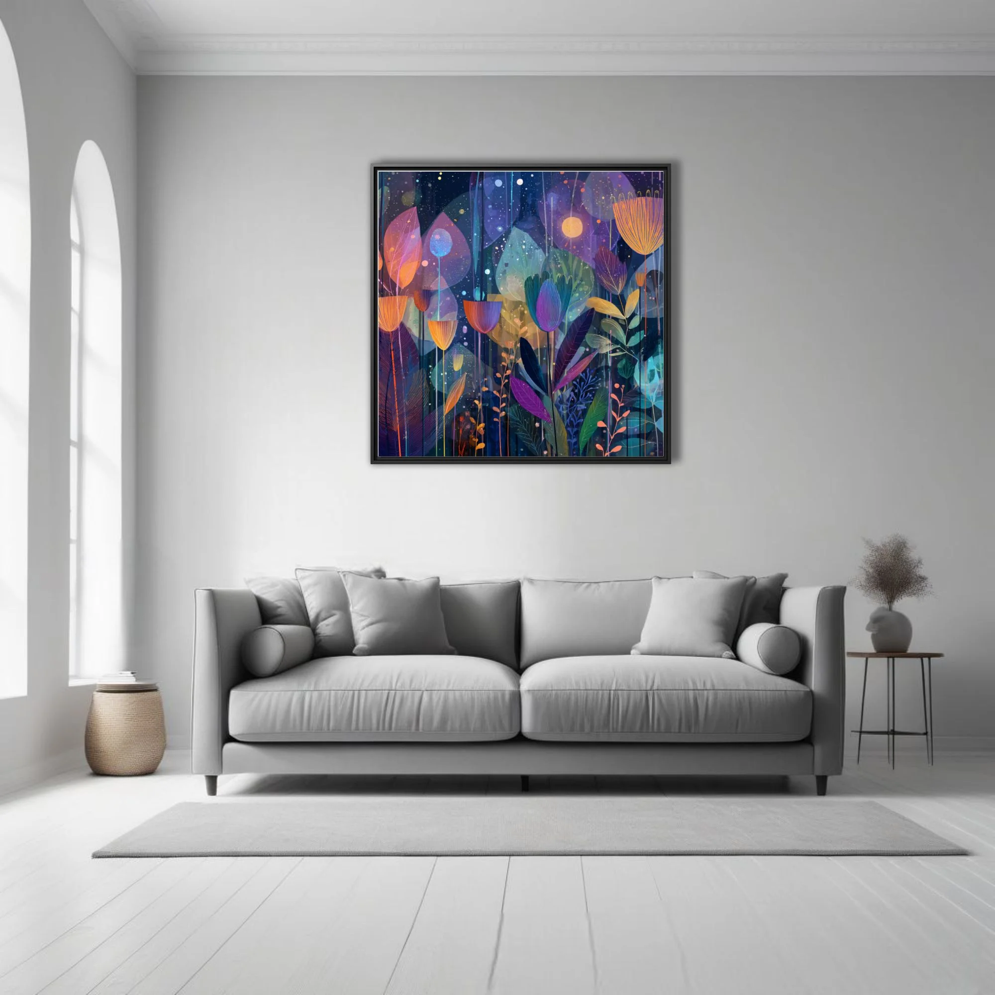 Abstract botanical night garden illustration, jewel tones, glowing flora on deep blue