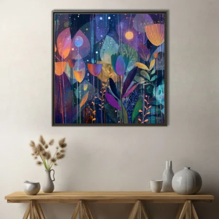 Abstract botanical night garden illustration, jewel tones, glowing flora on deep blue