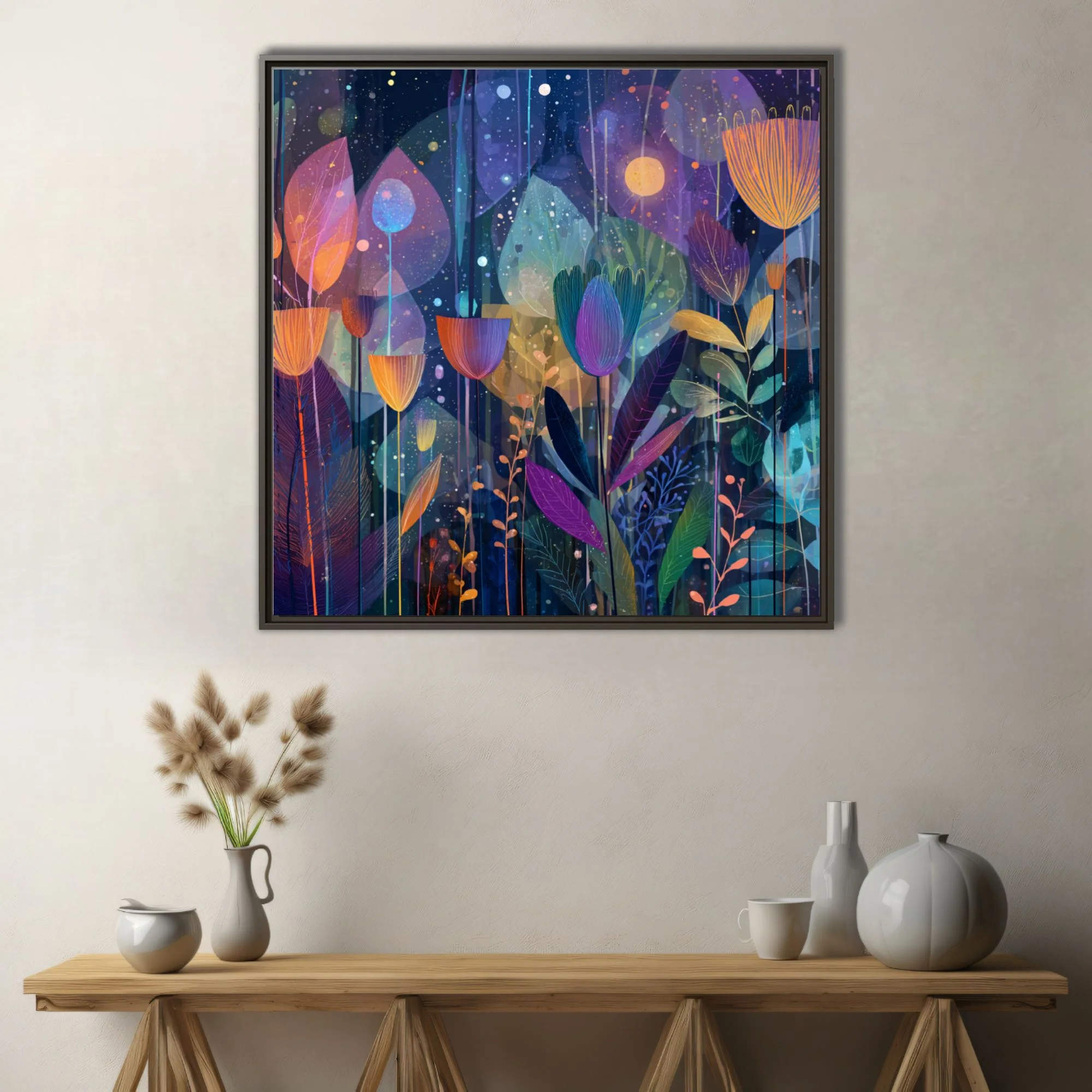 Abstract botanical night garden illustration, jewel tones, glowing flora on deep blue