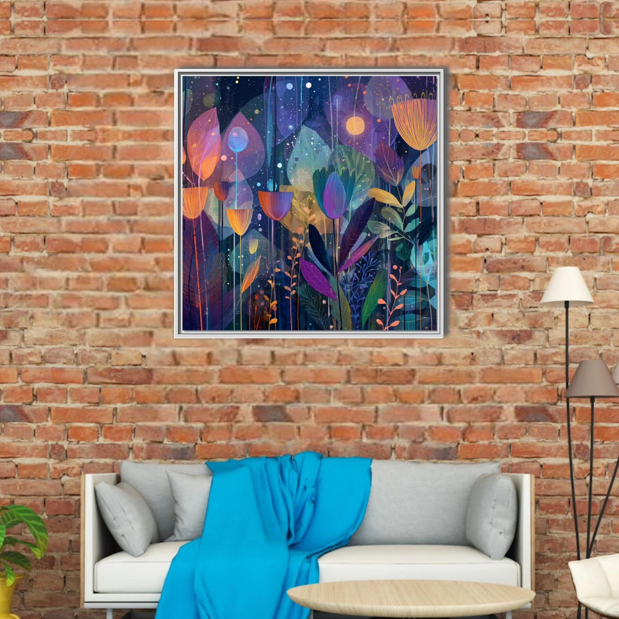Abstract botanical night garden illustration, jewel tones, glowing flora on deep blue