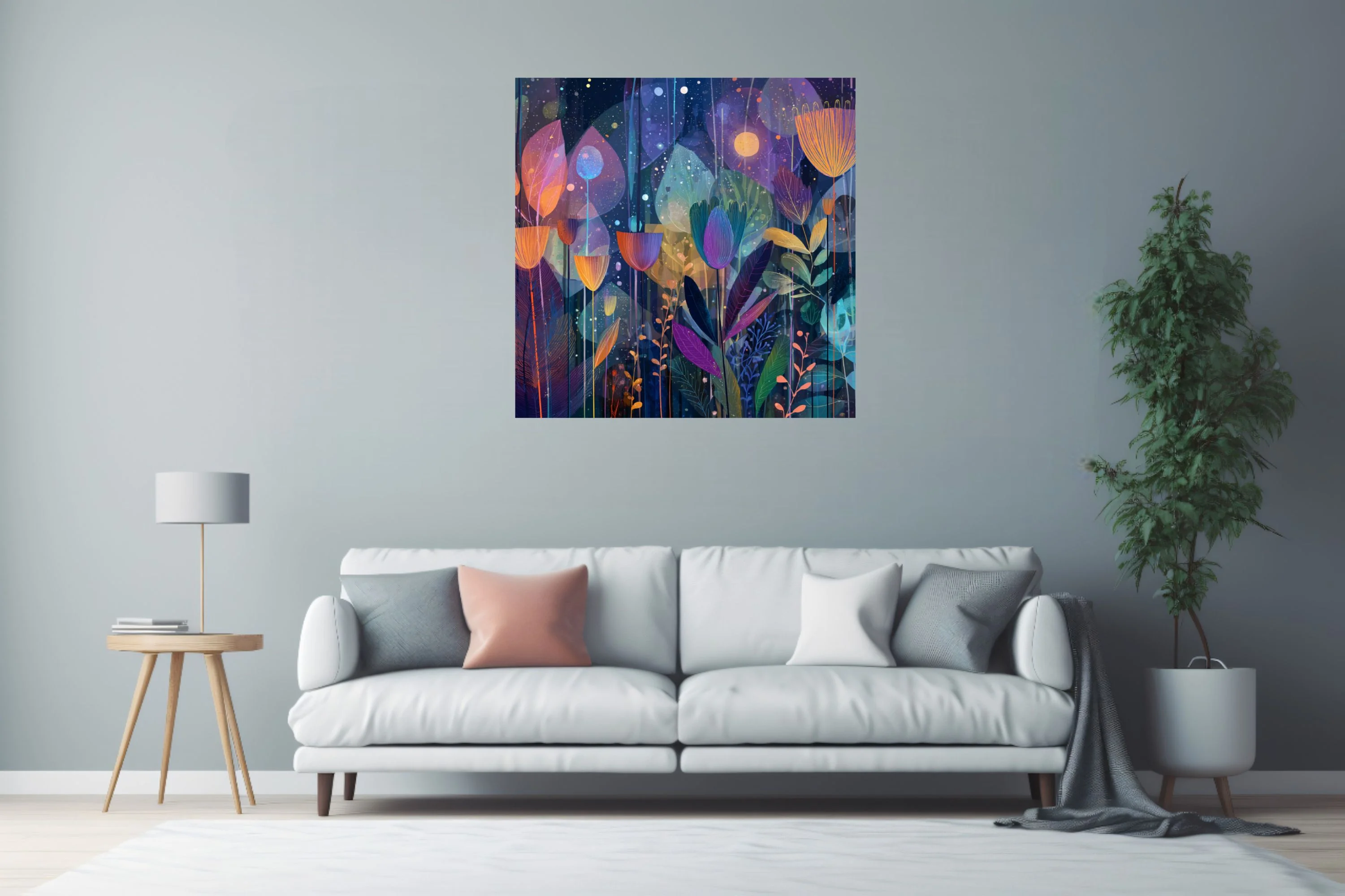 Abstract botanical night garden illustration, jewel tones, glowing flora on deep blue