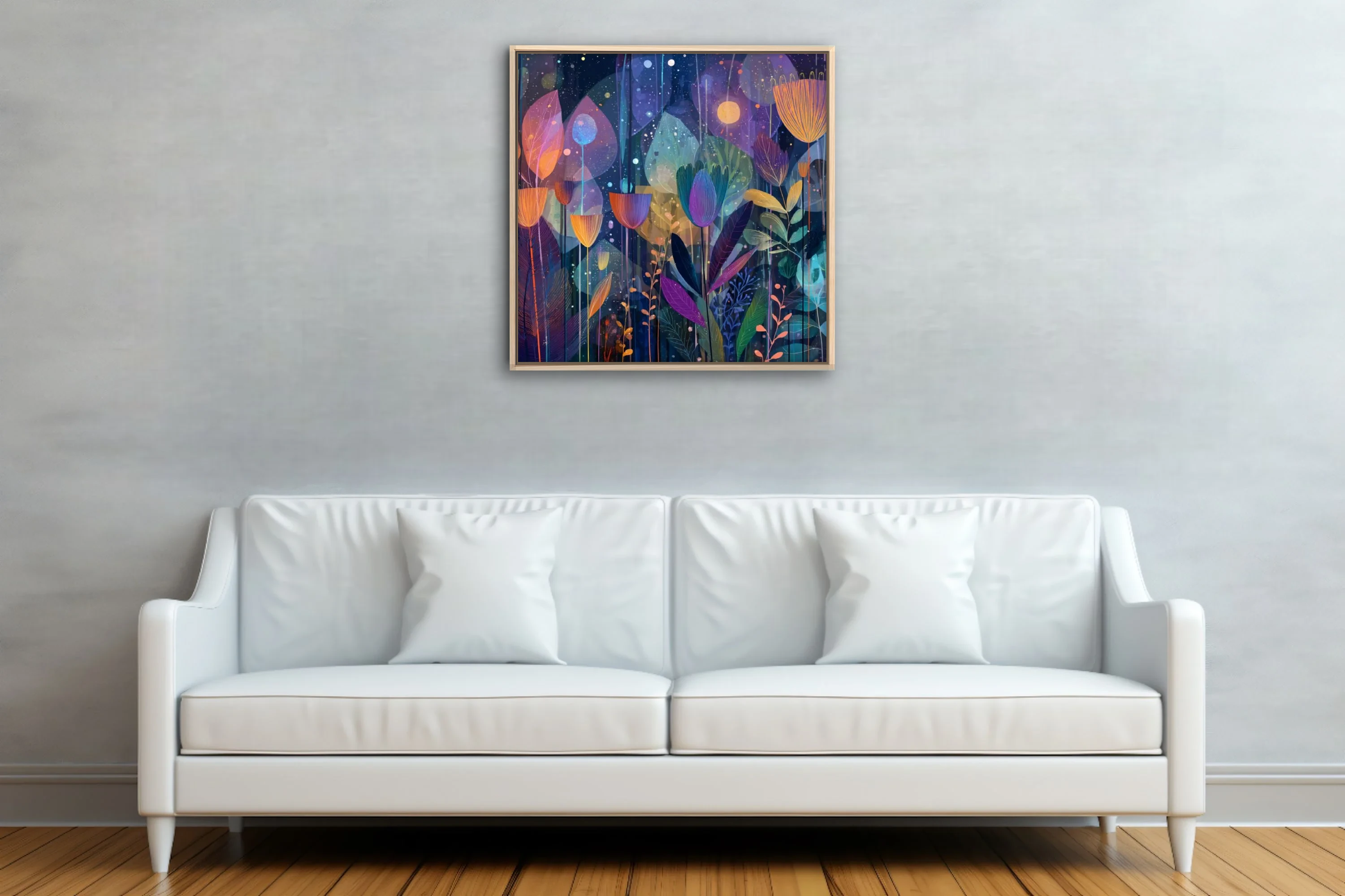 Abstract botanical night garden illustration, jewel tones, glowing flora on deep blue