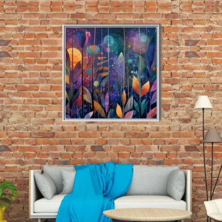 Abstract botanical night scene with jewel-toned leaves, florals, and glowing celestial forms