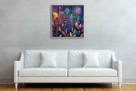 Abstract botanical night scene with jewel-toned leaves, florals, and glowing celestial forms