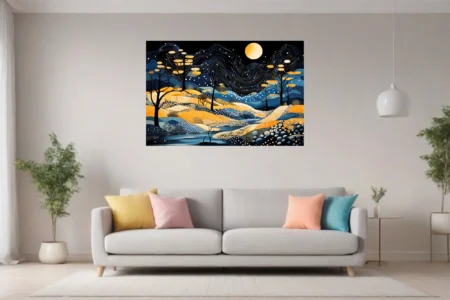 Folk-art abstract night landscape, swirling indigo sky, amber patterned hills, luminous moon