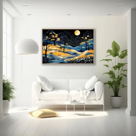 Folk-art abstract night landscape, swirling indigo sky, amber patterned hills, luminous moon