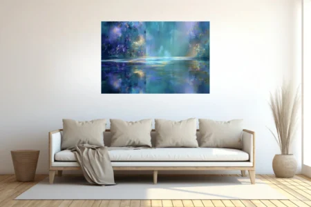 Dreamy abstract night waterscape in teal, violet, and gold with shimmering reflections and dreamy soft-focus washes
