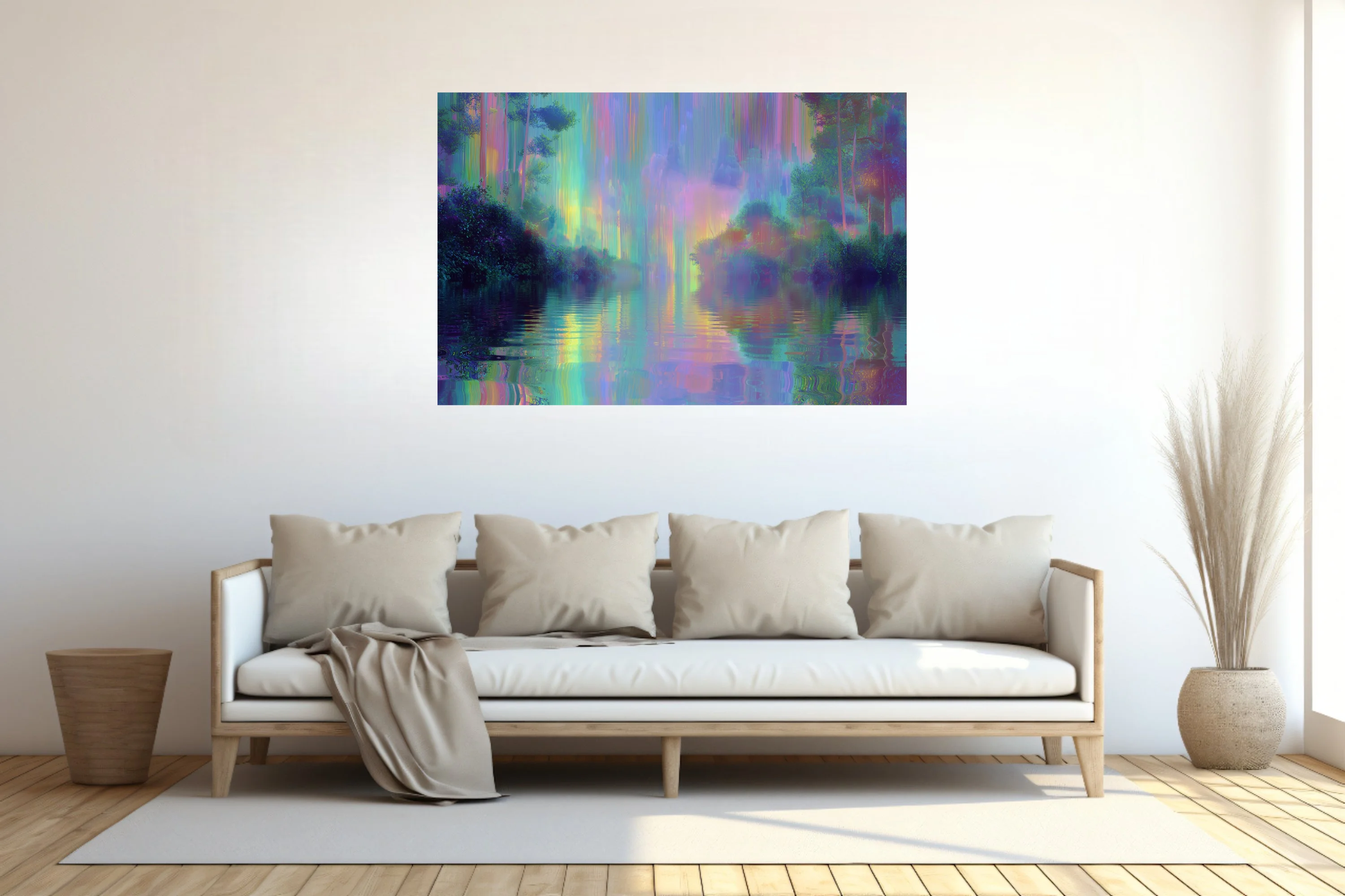 Dreamy abstract night waterscape with iridescent rainbow reflections on water
