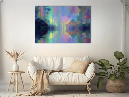 Dreamy abstract night waterscape with iridescent rainbow reflections on water