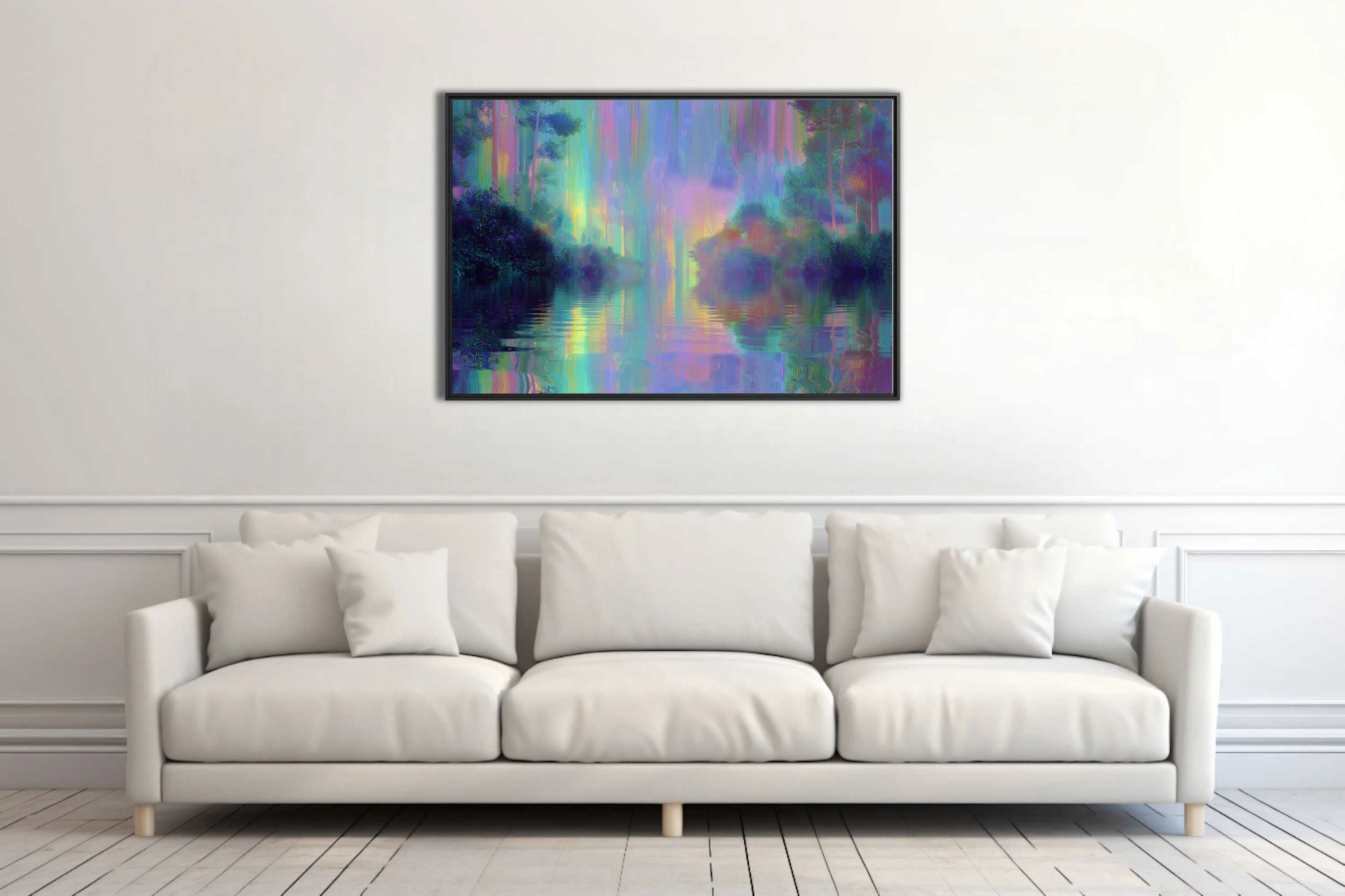 Dreamy abstract night waterscape with iridescent rainbow reflections on water
