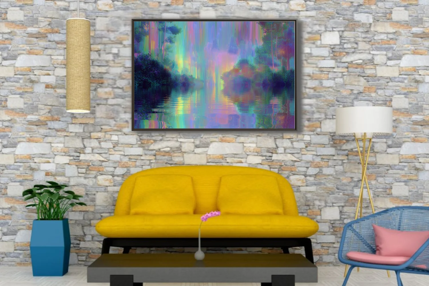 Dreamy abstract night waterscape with iridescent rainbow reflections on water