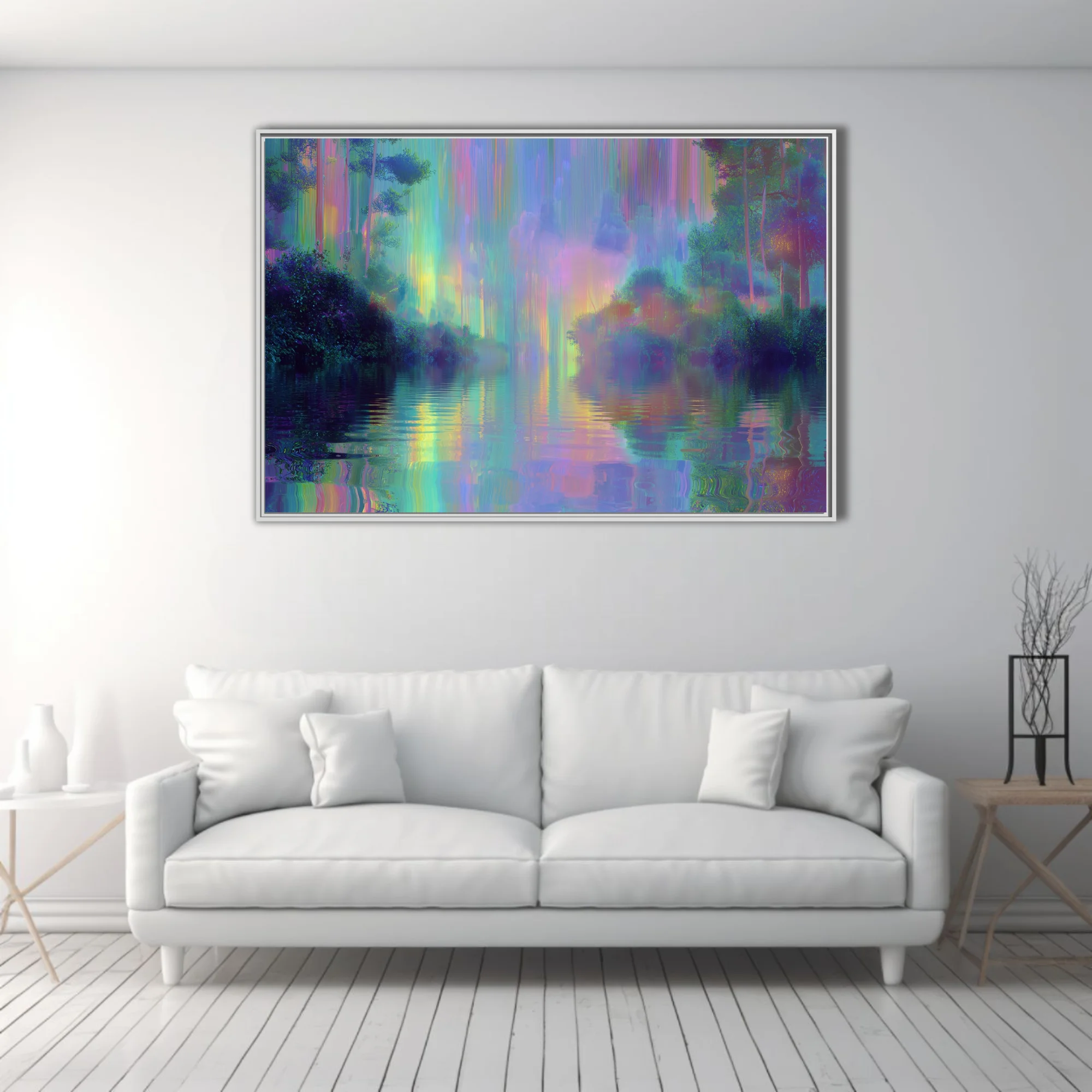 Dreamy abstract night waterscape with iridescent rainbow reflections on water