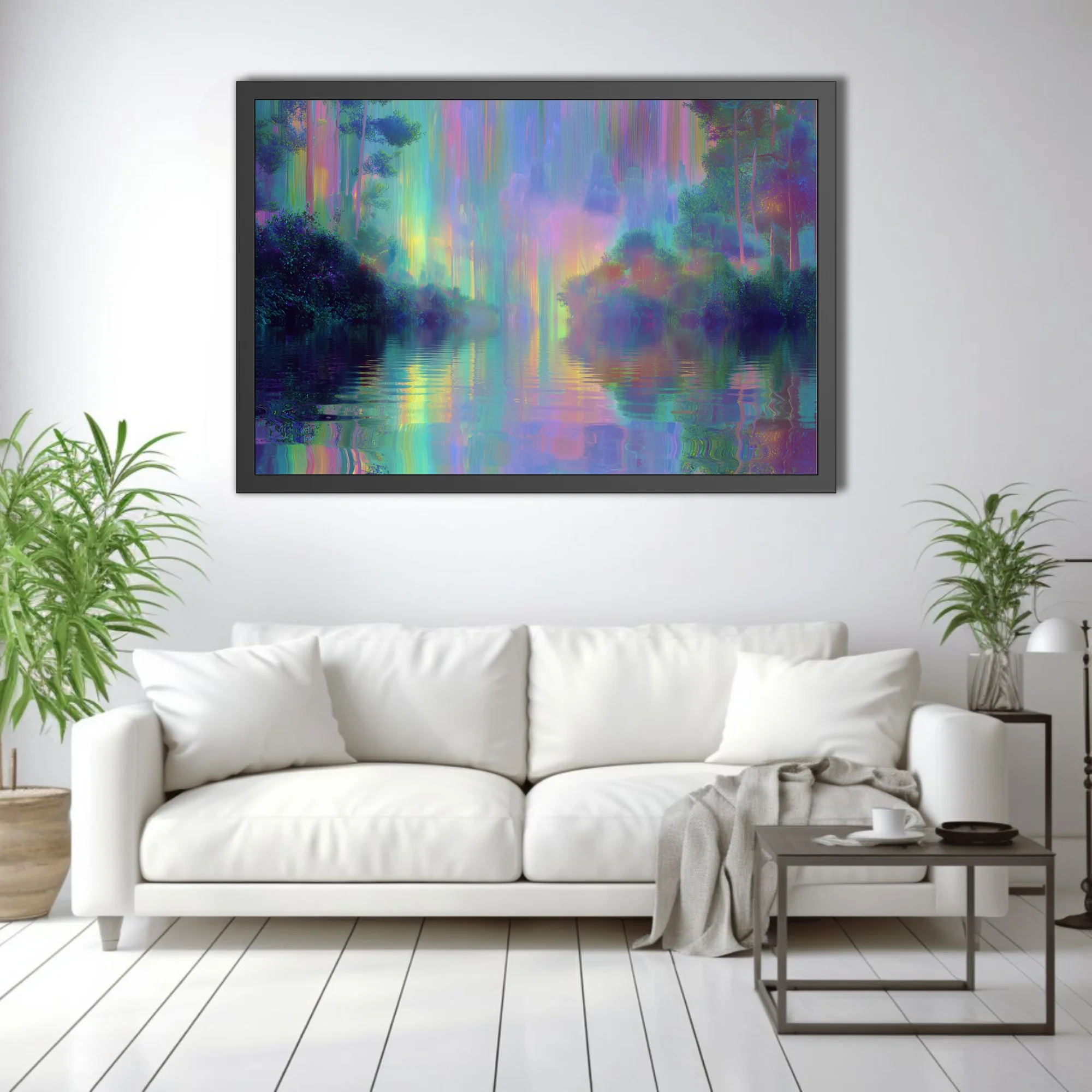 Dreamy abstract night waterscape with iridescent rainbow reflections on water