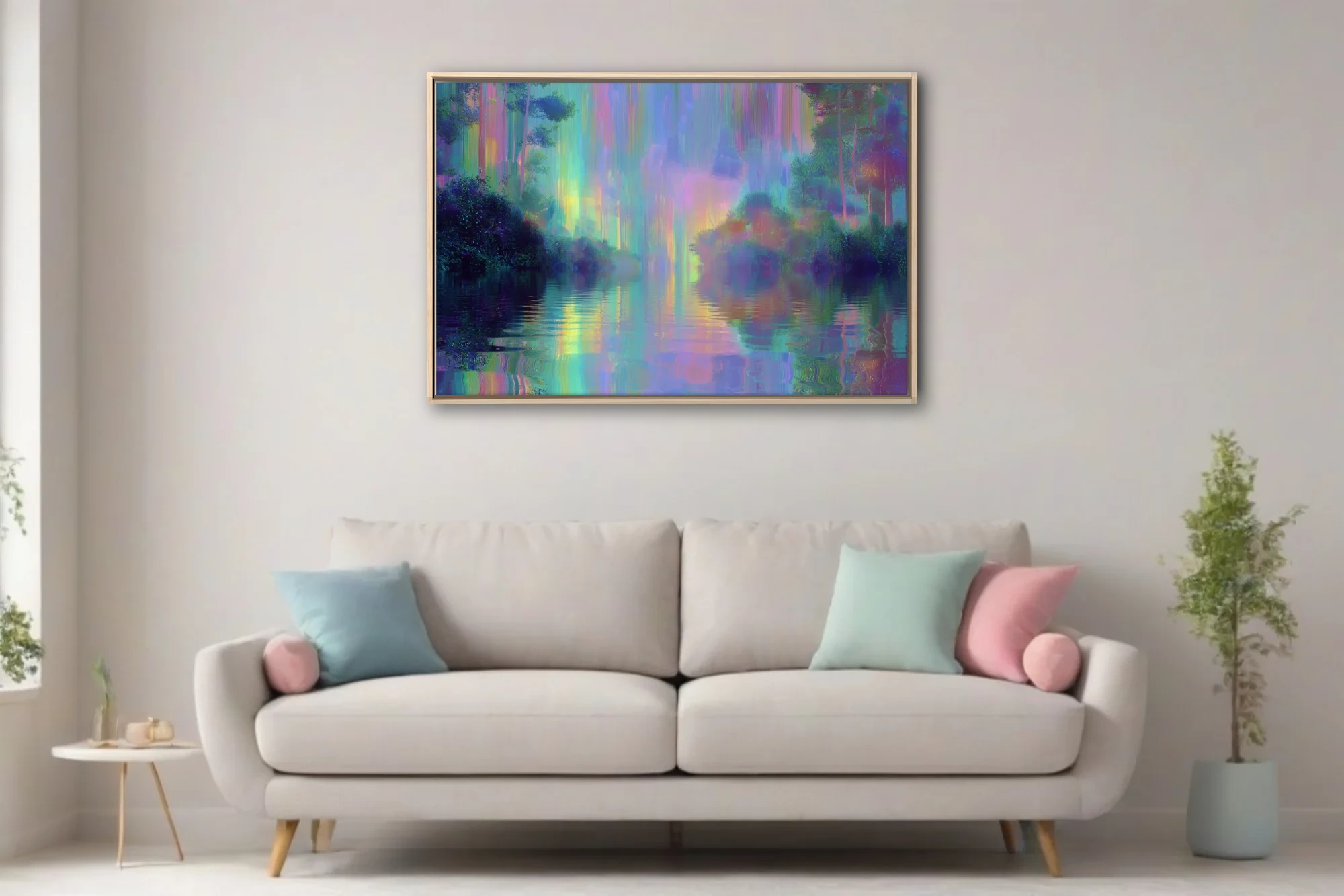 Dreamy abstract night waterscape with iridescent rainbow reflections on water