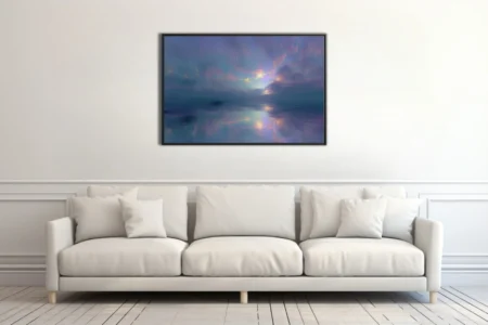 Dreamy abstract night waterscape with glowing sunset clouds and mirrored reflections, soft-focus atmospheric wall art
