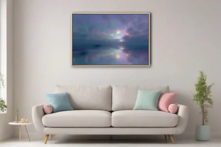 Dreamy abstract night waterscape with glowing sunset clouds and mirrored reflections, soft-focus atmospheric wall art