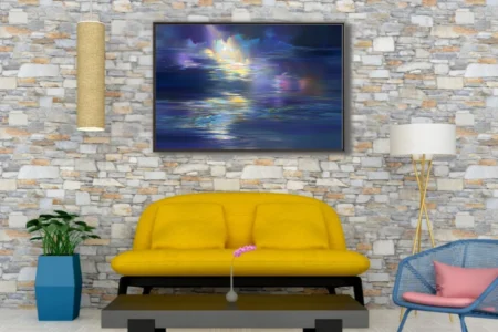 Dreamy abstract night waterscape with prismatic reflections in indigo, violet, and pastel rainbow tones