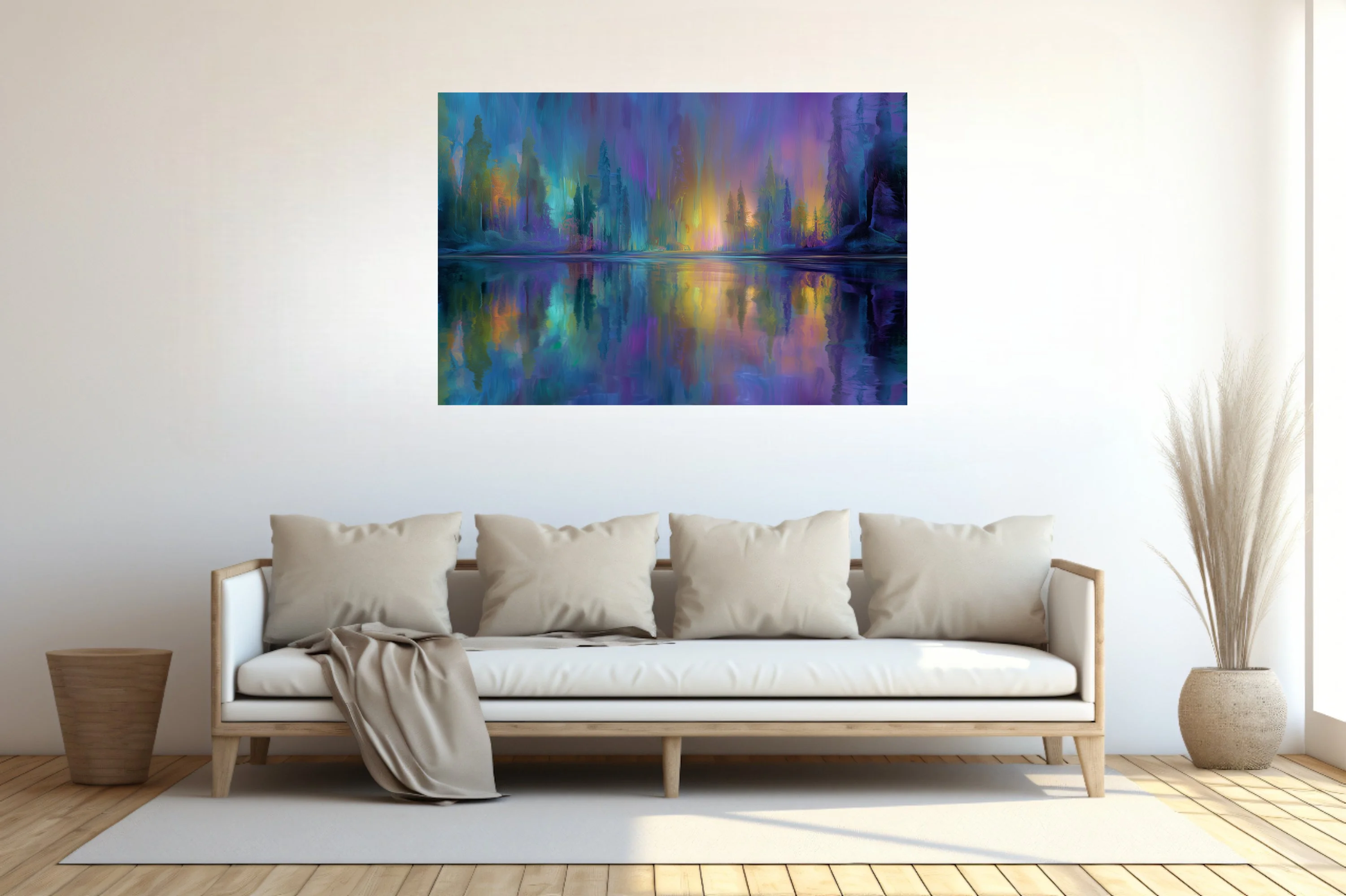 Dreamy abstract night waterscape in iridescent violet, teal, and gold with aurora-like glow