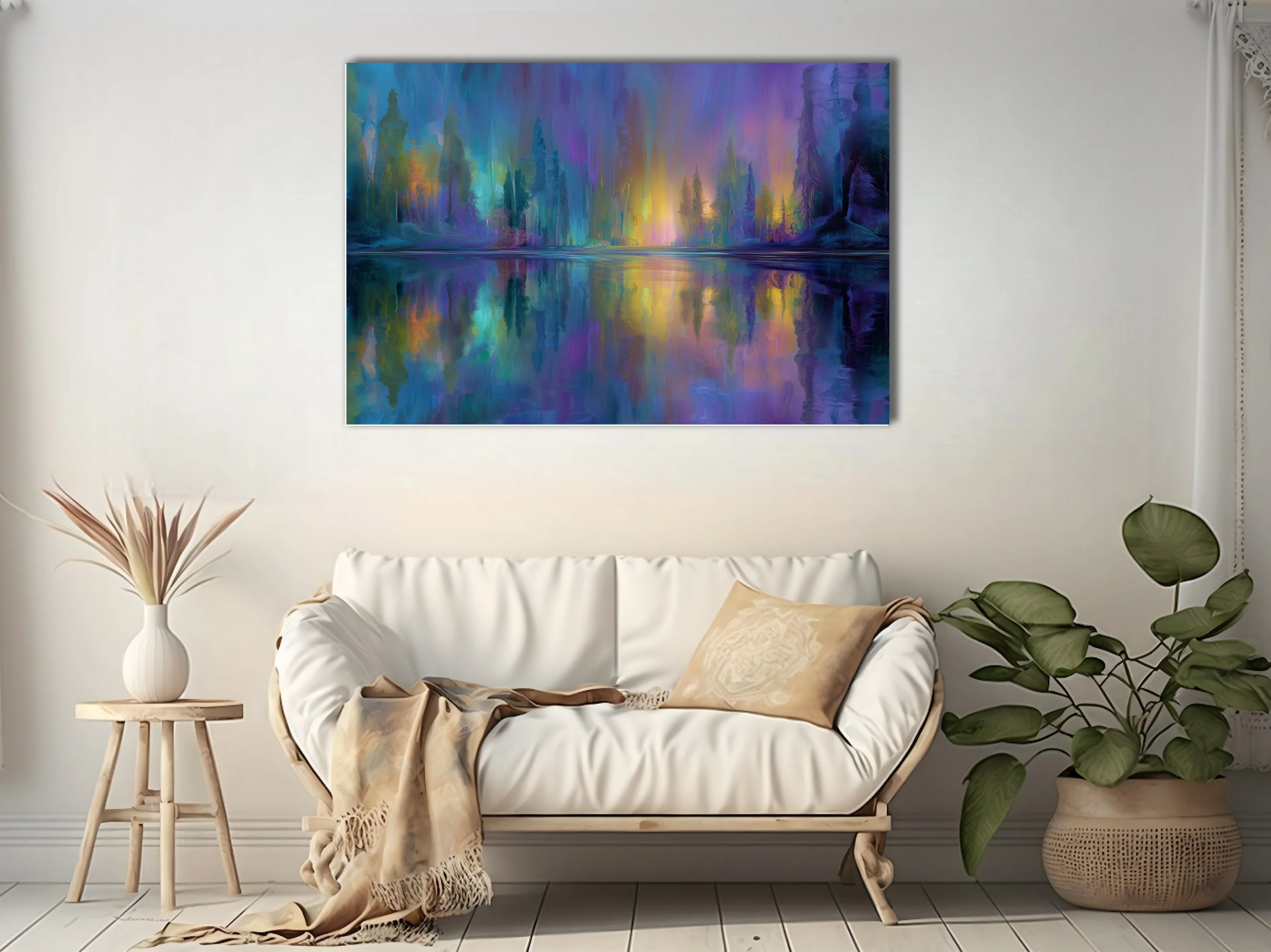 Dreamy abstract night waterscape in iridescent violet, teal, and gold with aurora-like glow
