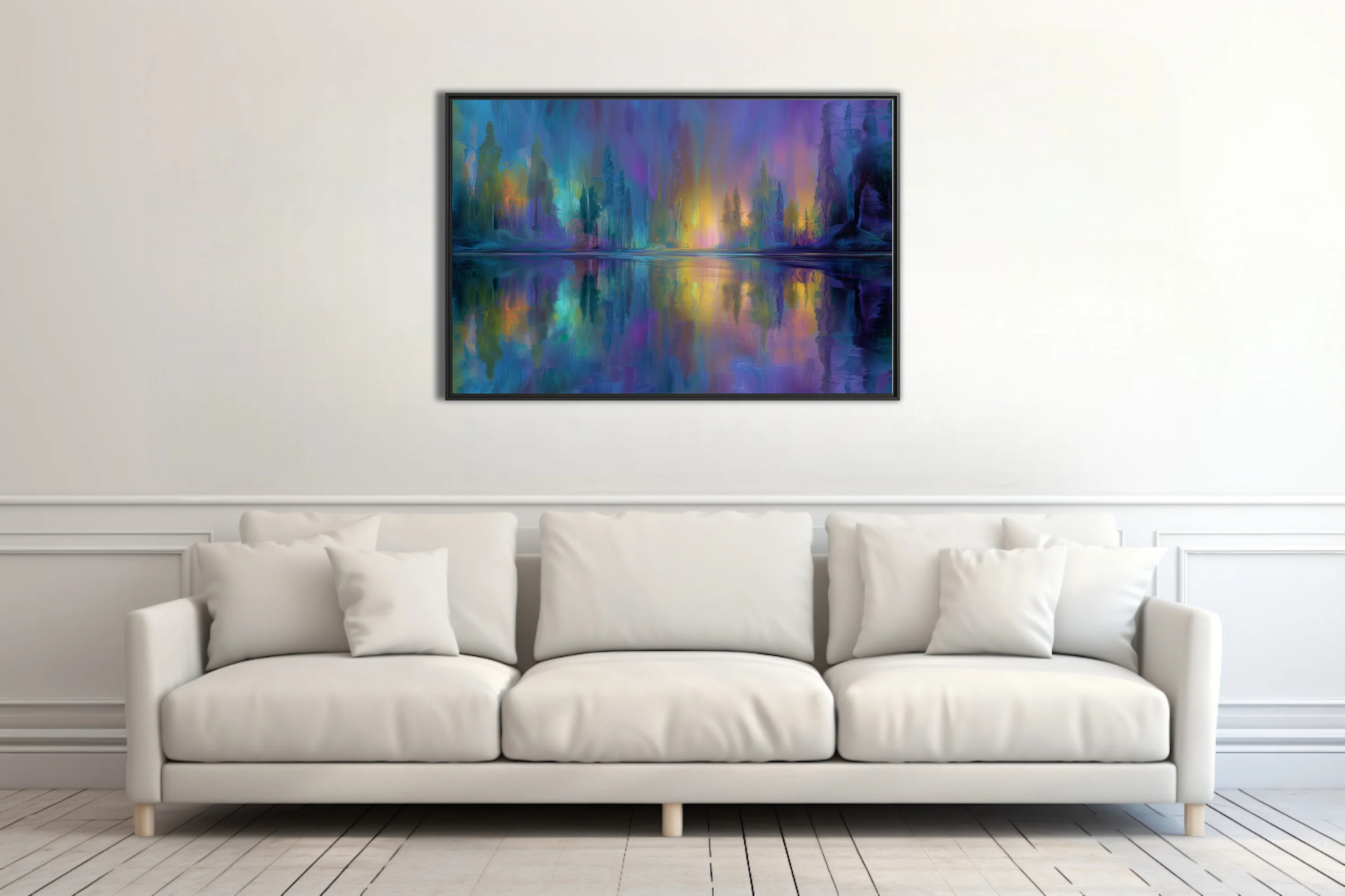 Dreamy abstract night waterscape in iridescent violet, teal, and gold with aurora-like glow