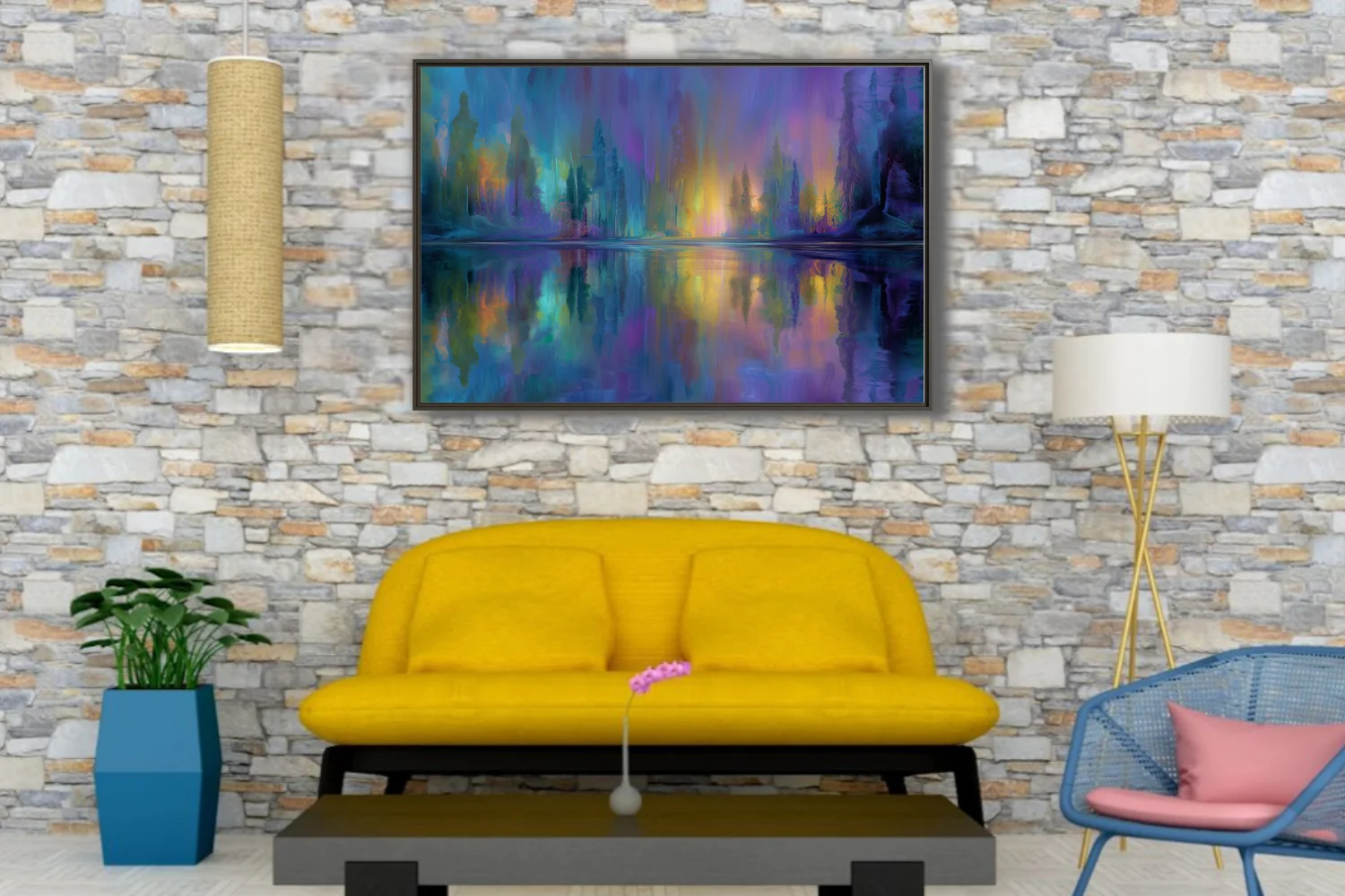 Dreamy abstract night waterscape in iridescent violet, teal, and gold with aurora-like glow