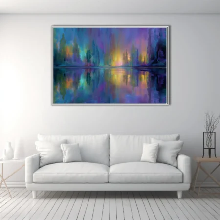 Dreamy abstract night waterscape in iridescent violet, teal, and gold with aurora-like glow