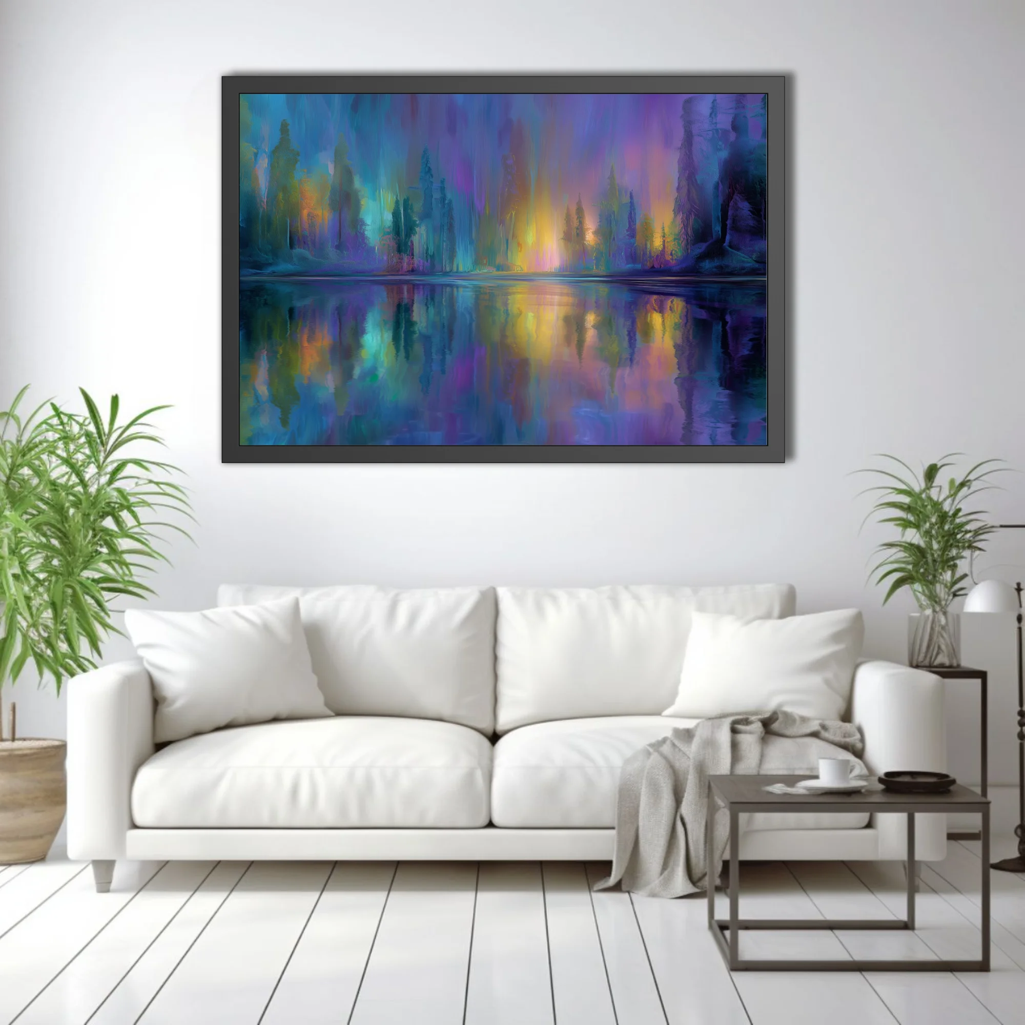Dreamy abstract night waterscape in iridescent violet, teal, and gold with aurora-like glow