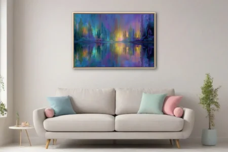 Dreamy abstract night waterscape in iridescent violet, teal, and gold with aurora-like glow