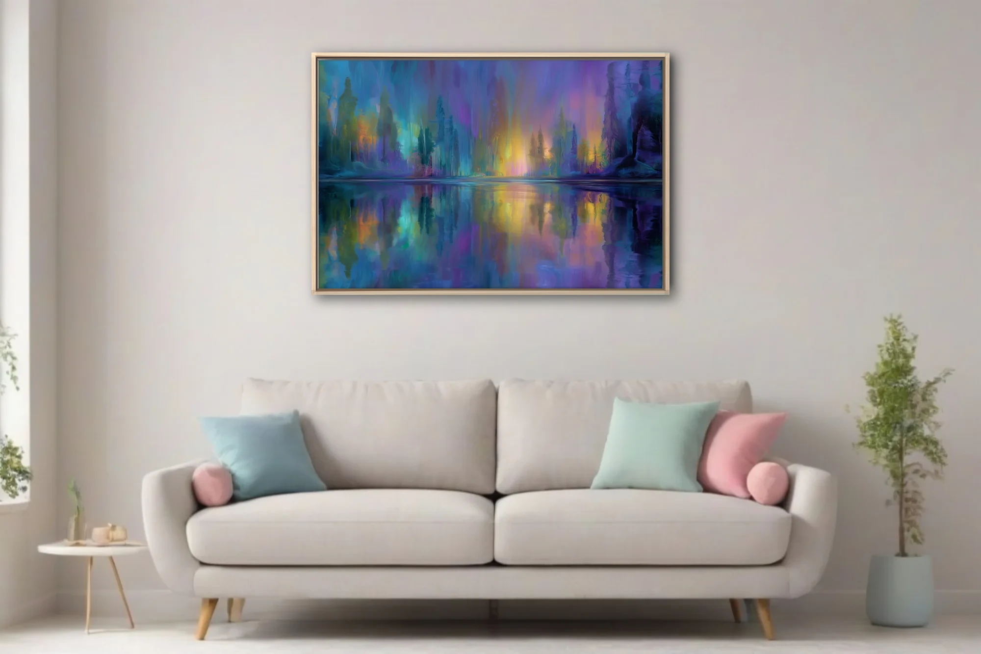 Dreamy abstract night waterscape in iridescent violet, teal, and gold with aurora-like glow