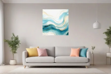 Abstract fluid wave art in teal, aqua and gold watercolor-style washes