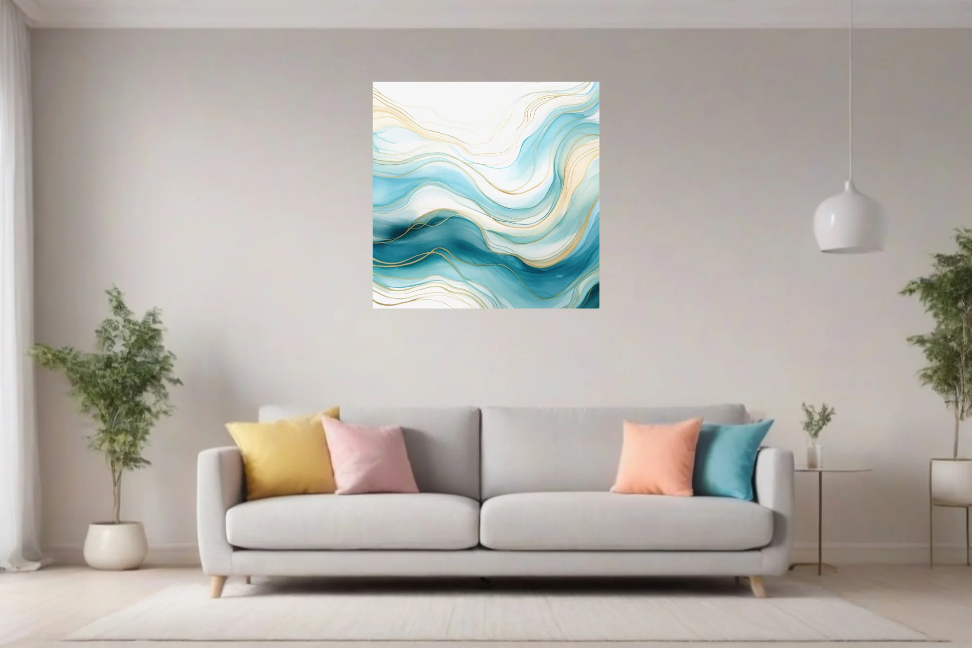 Abstract fluid wave art in teal, aqua and gold watercolor-style washes