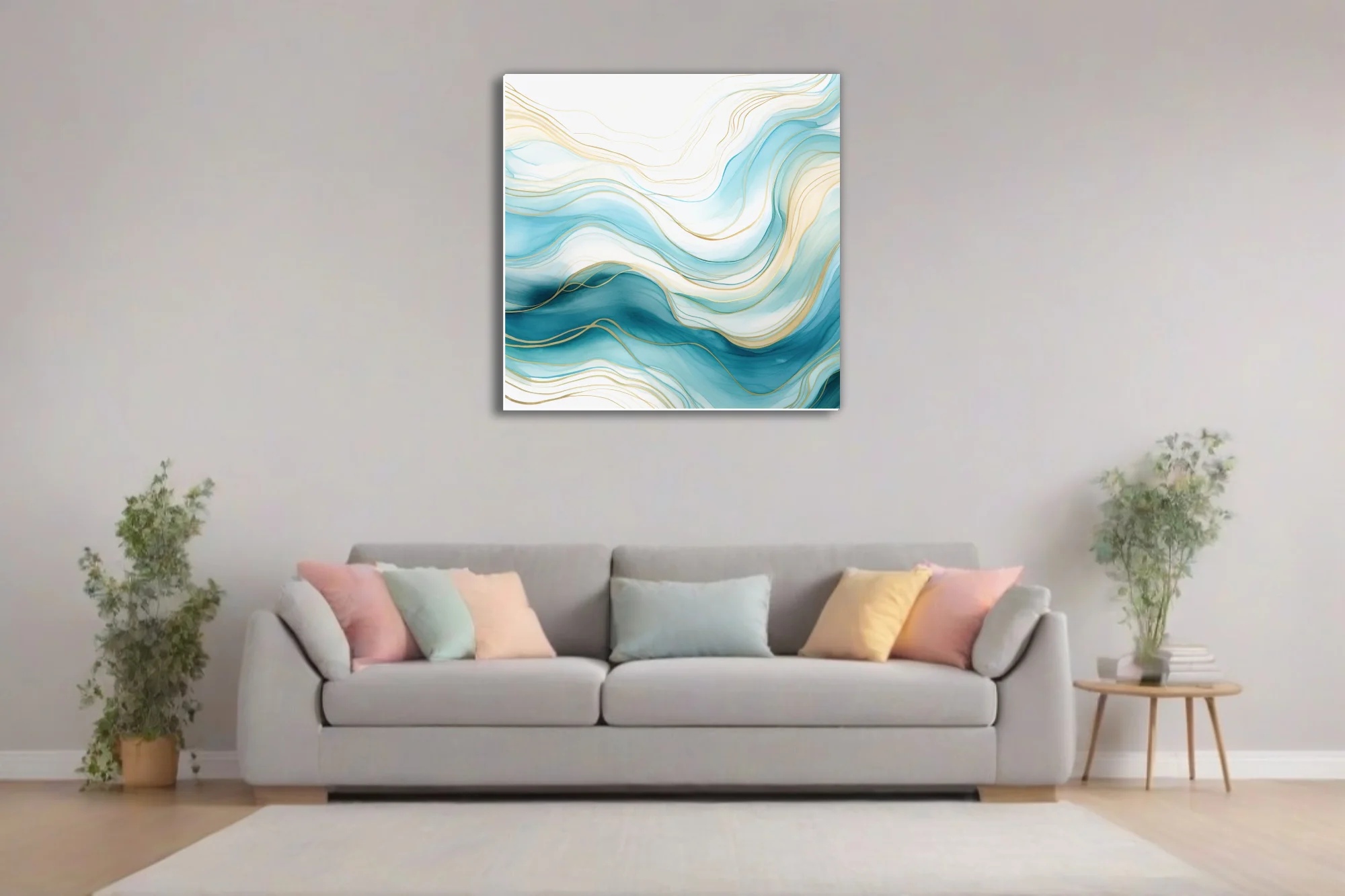 Abstract fluid wave art in teal, aqua and gold watercolor-style washes