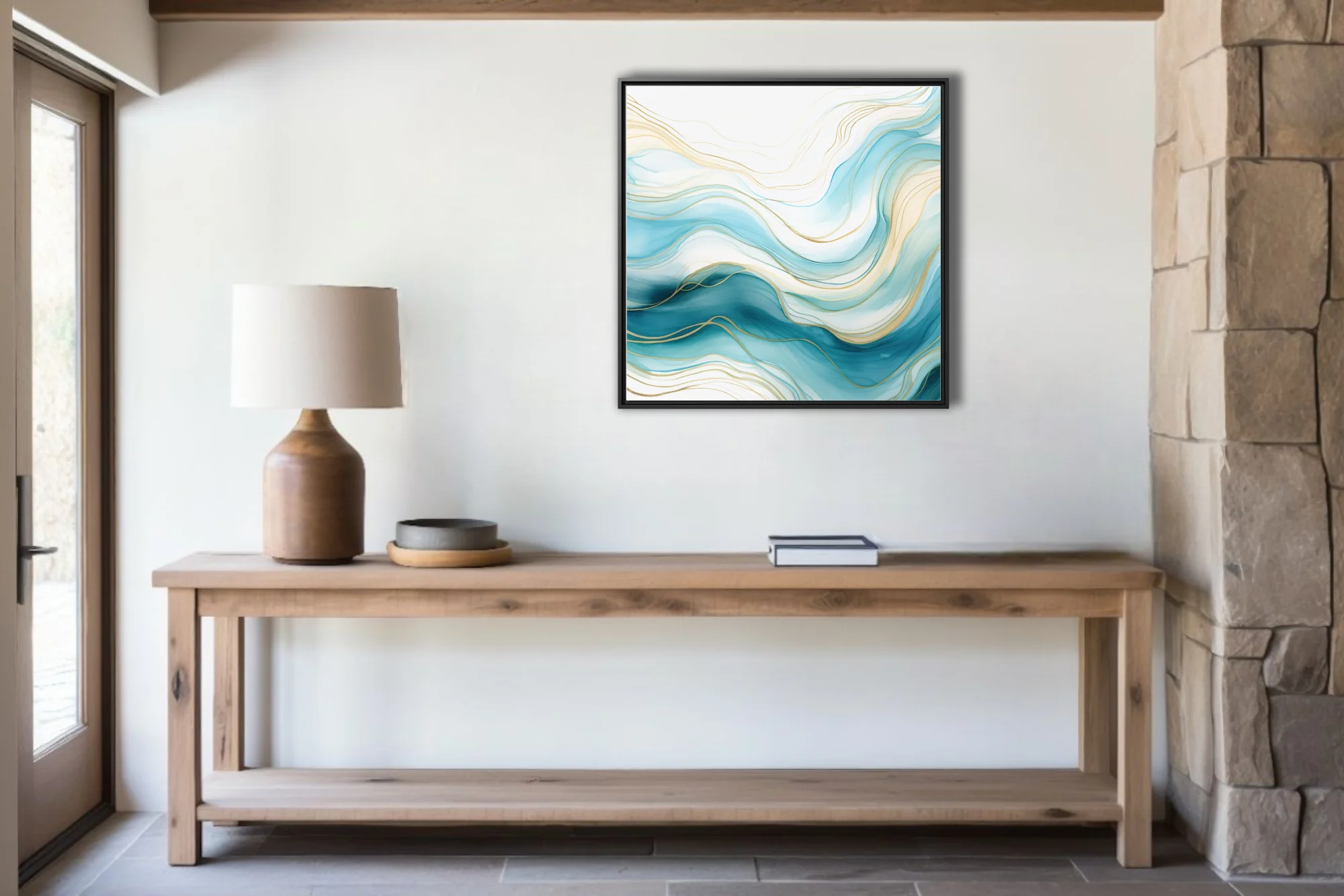 Abstract fluid wave art in teal, aqua and gold watercolor-style washes