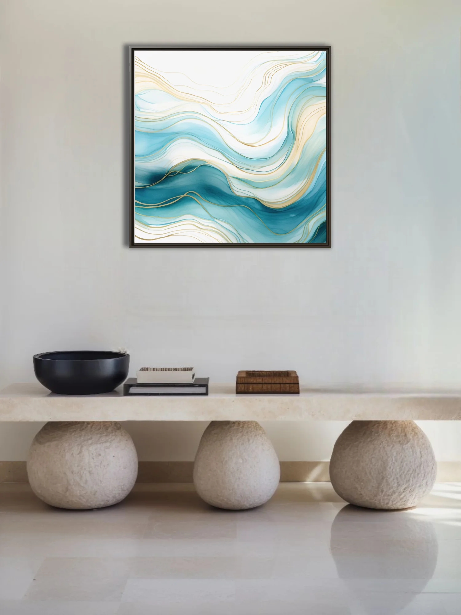 Abstract fluid wave art in teal, aqua and gold watercolor-style washes