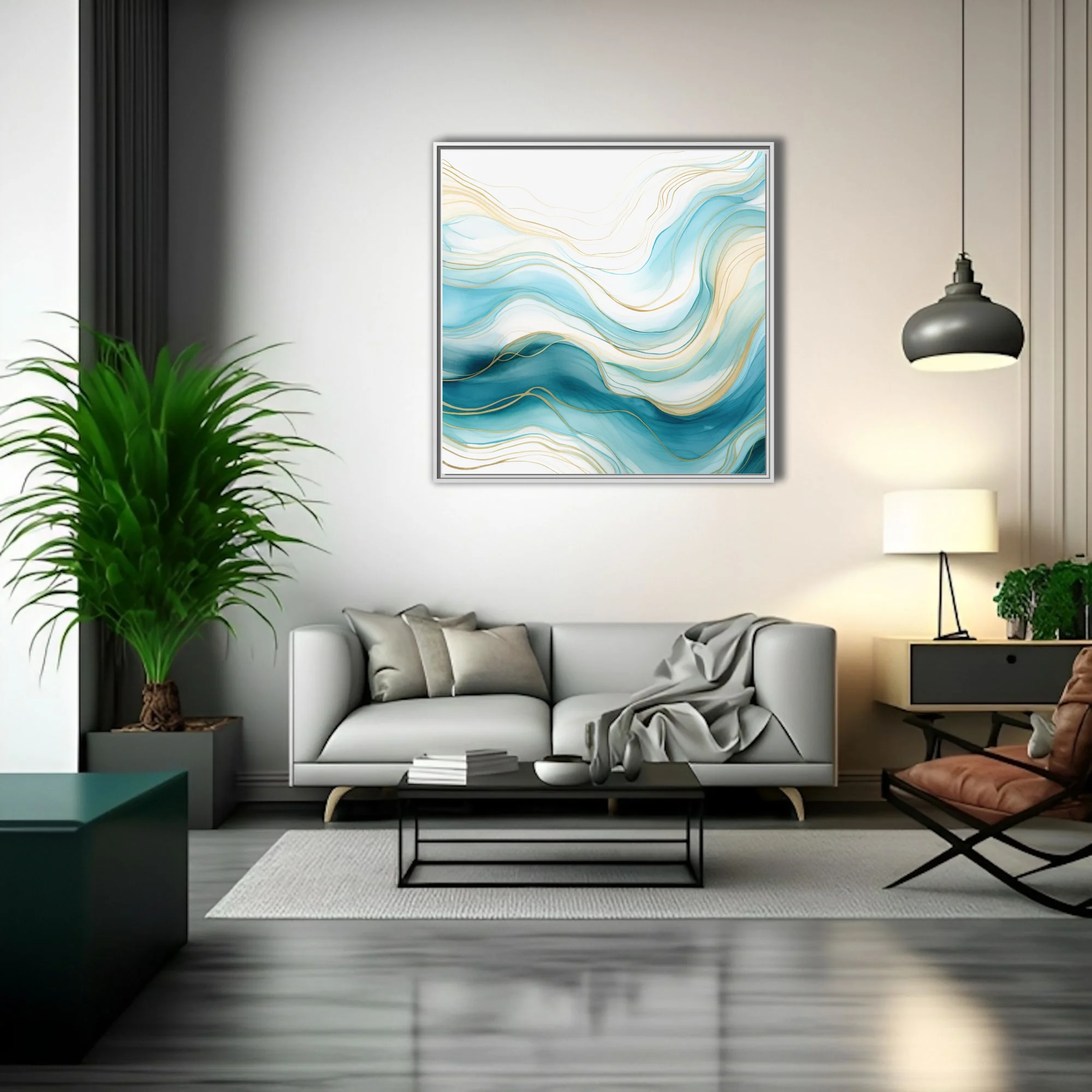 Abstract fluid wave art in teal, aqua and gold watercolor-style washes