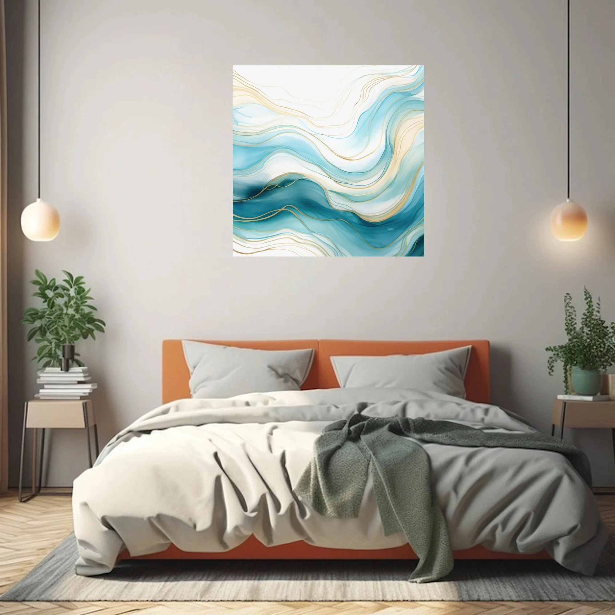 Abstract fluid wave art in teal, aqua and gold watercolor-style washes