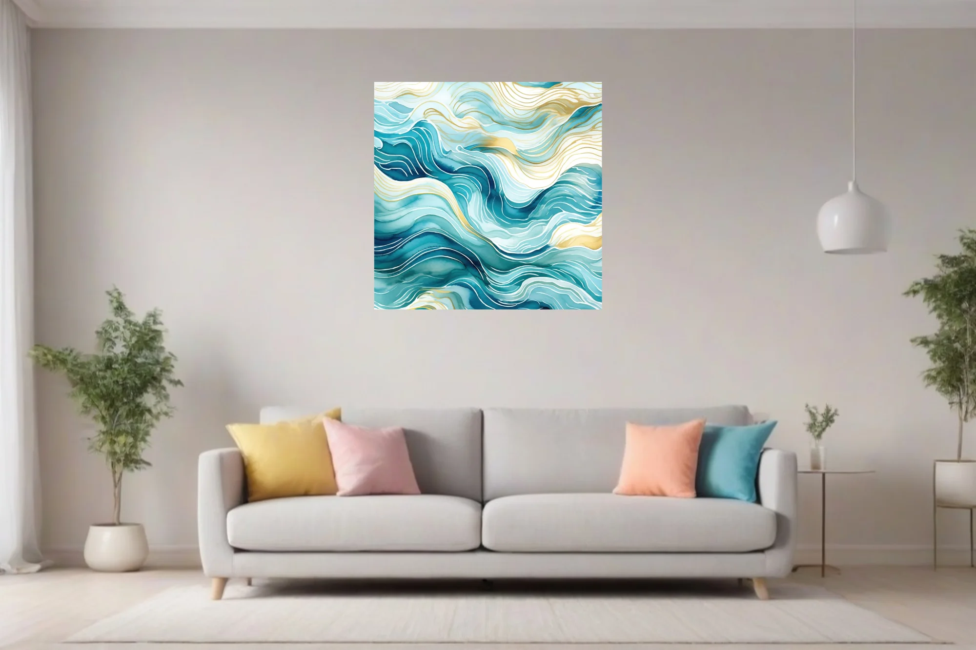Abstract teal and gold wave composition with watercolor-style washes and flowing lines