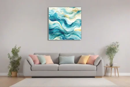 Abstract teal and gold wave composition with watercolor-style washes and flowing lines