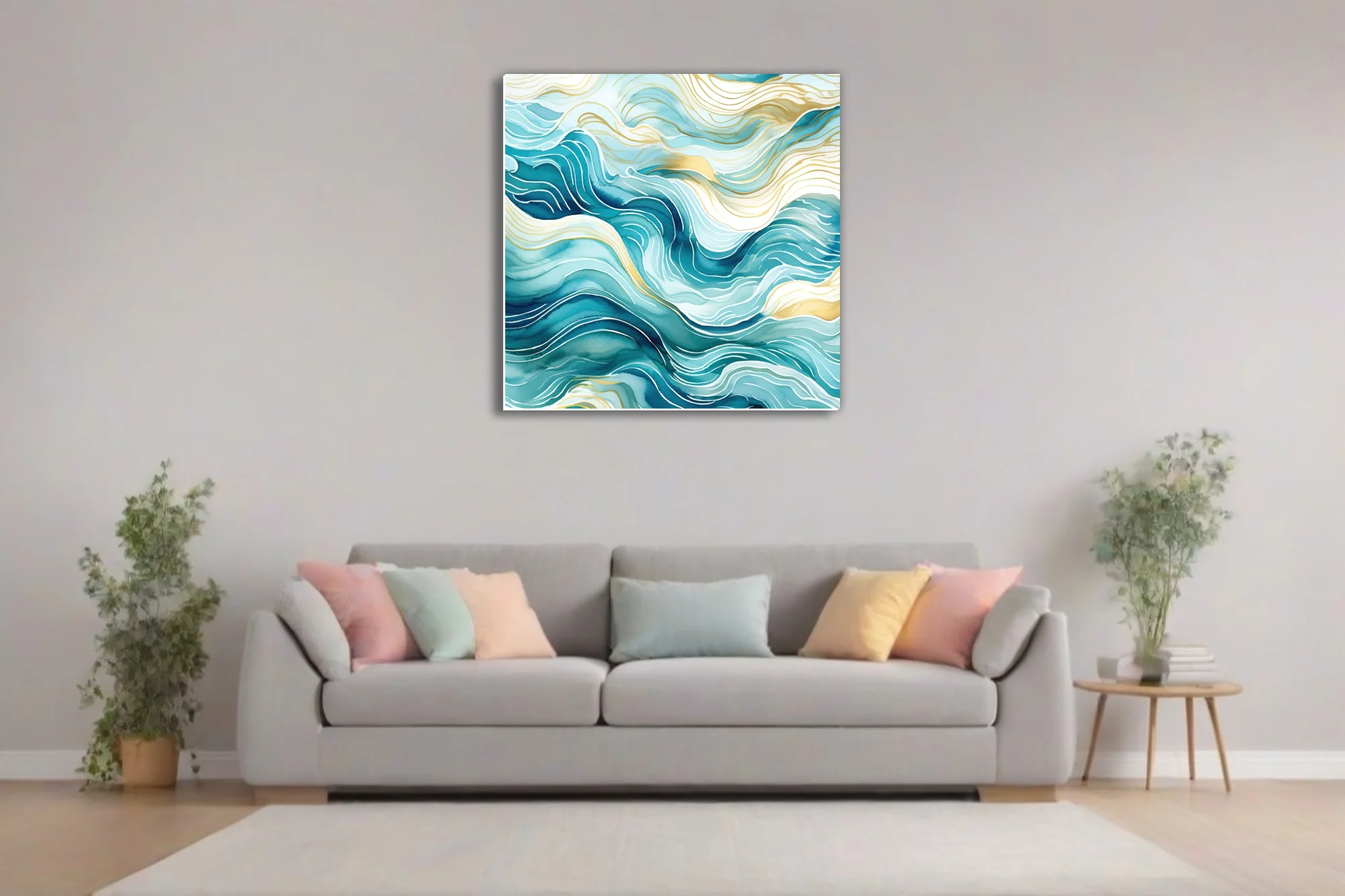 Abstract teal and gold wave composition with watercolor-style washes and flowing lines