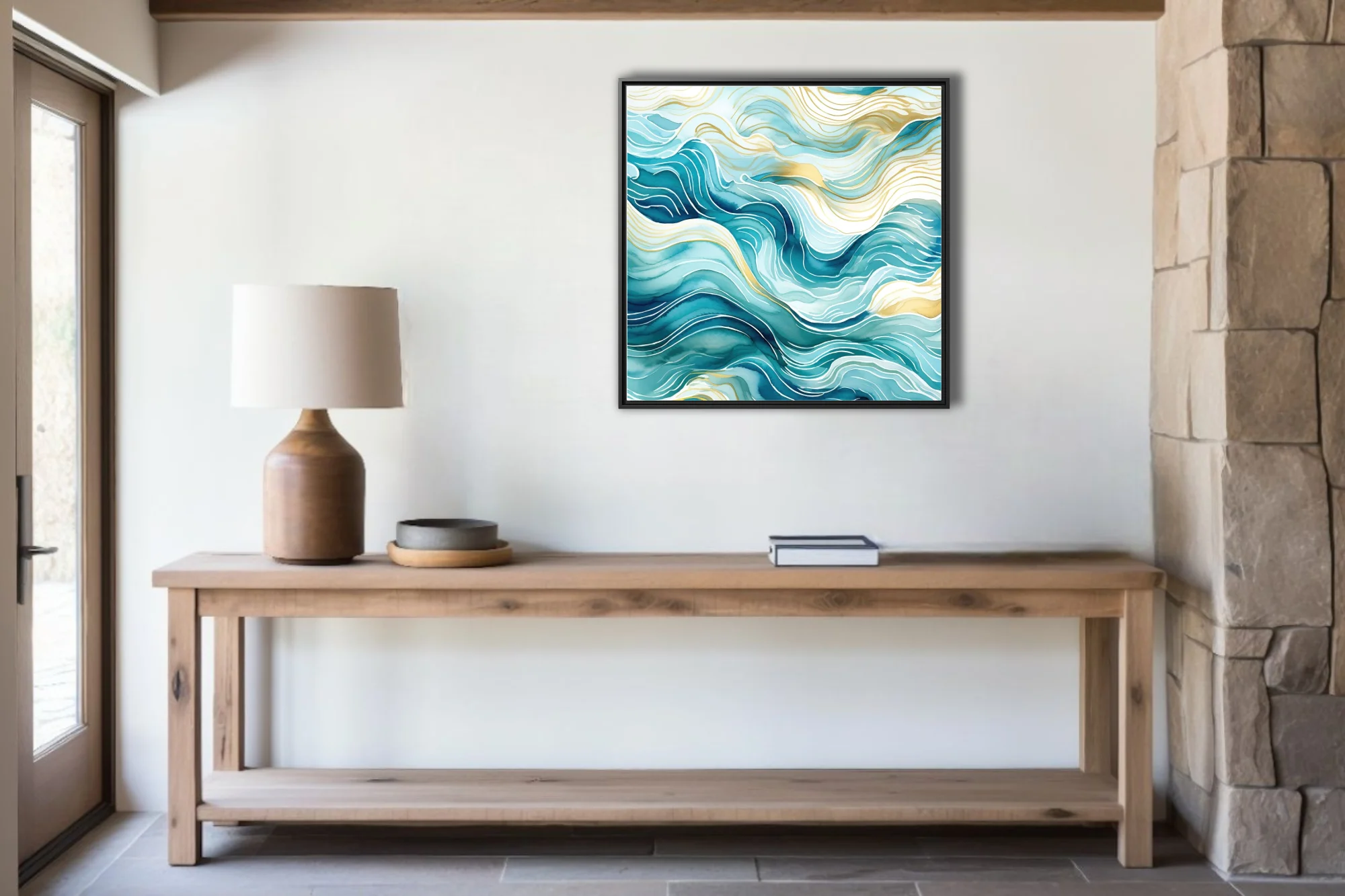 Abstract teal and gold wave composition with watercolor-style washes and flowing lines