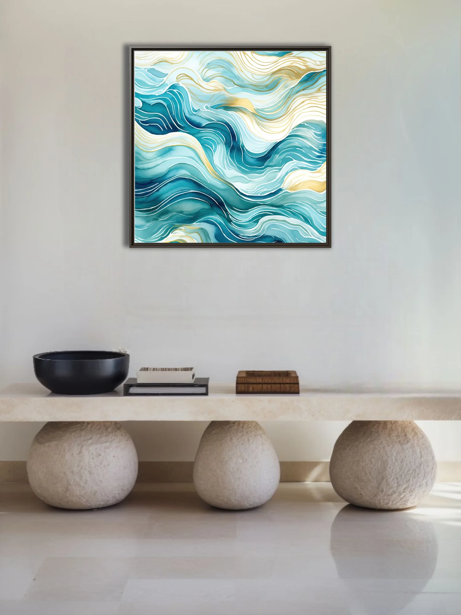 Abstract teal and gold wave composition with watercolor-style washes and flowing lines
