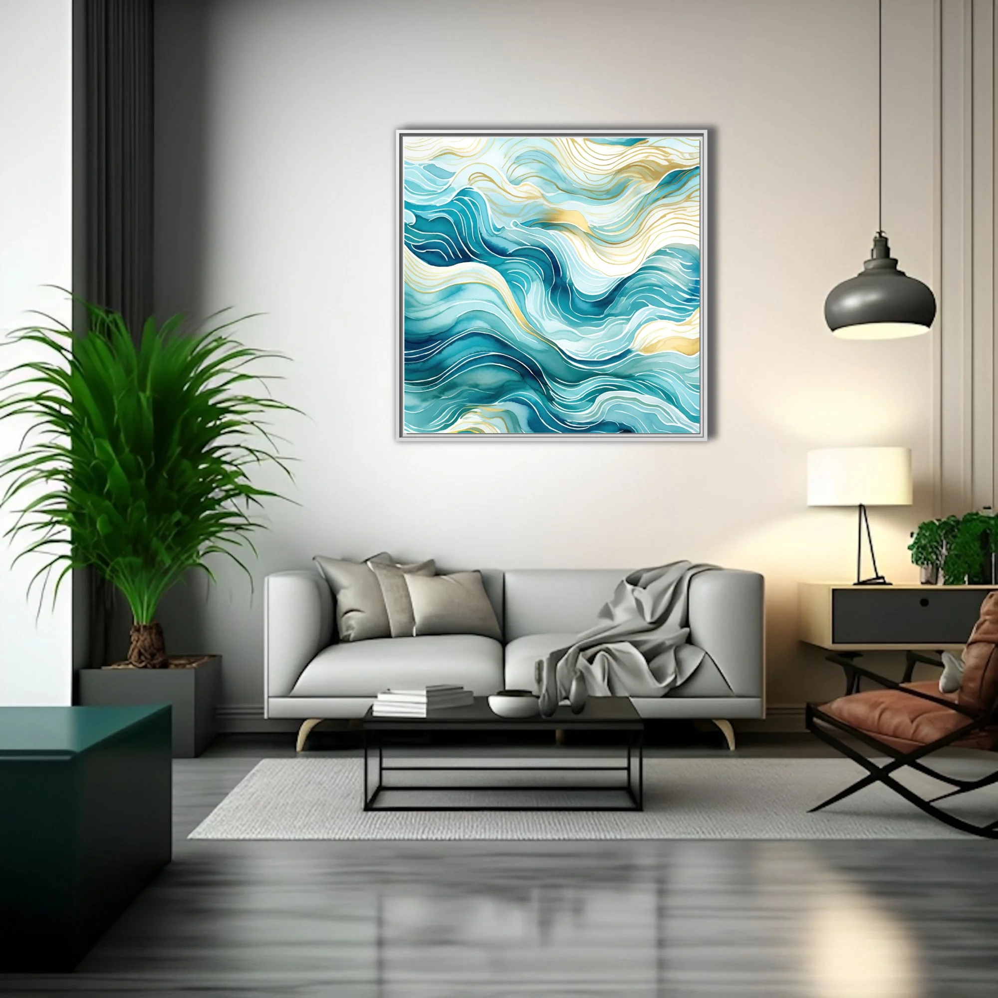 Abstract teal and gold wave composition with watercolor-style washes and flowing lines