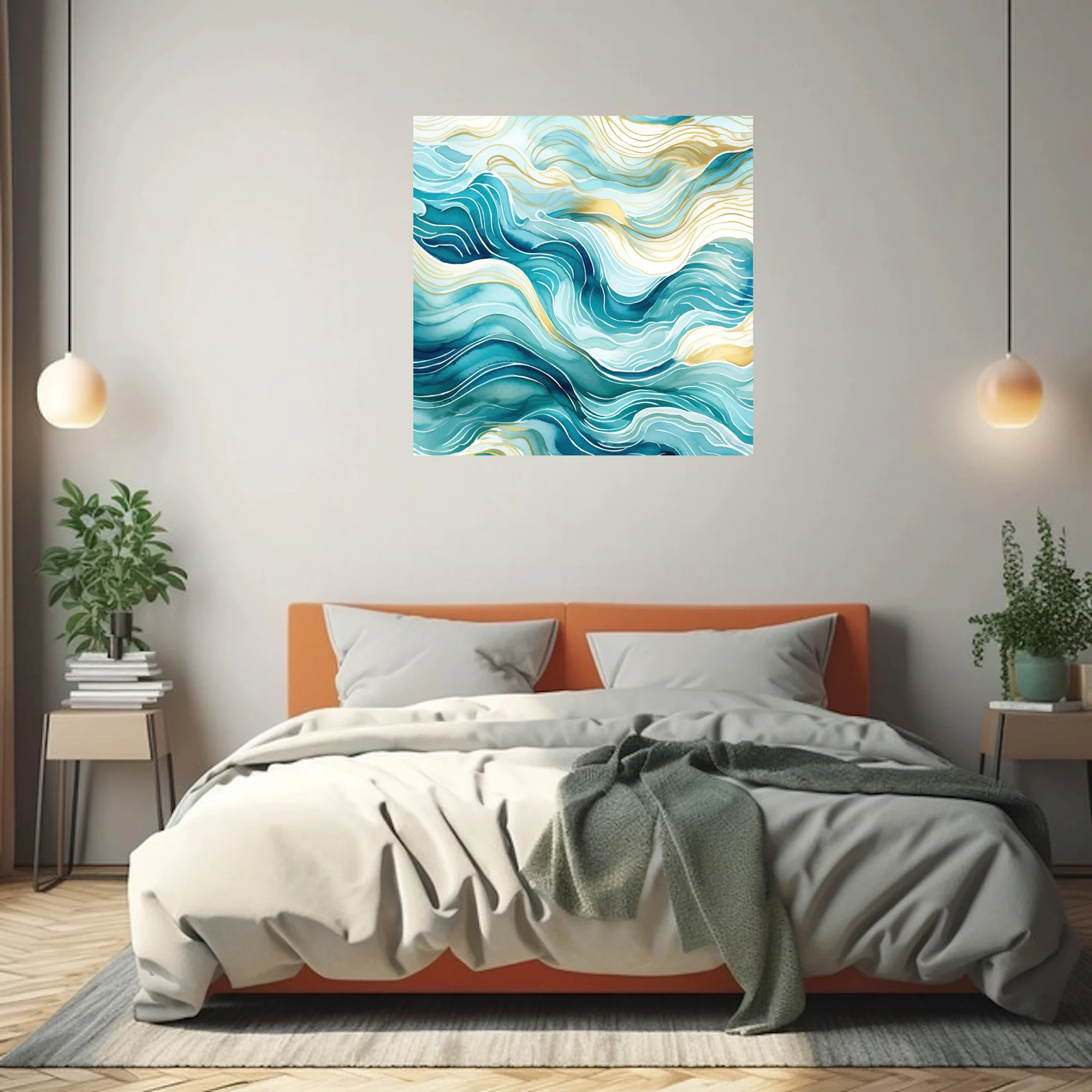 Abstract teal and gold wave composition with watercolor-style washes and flowing lines