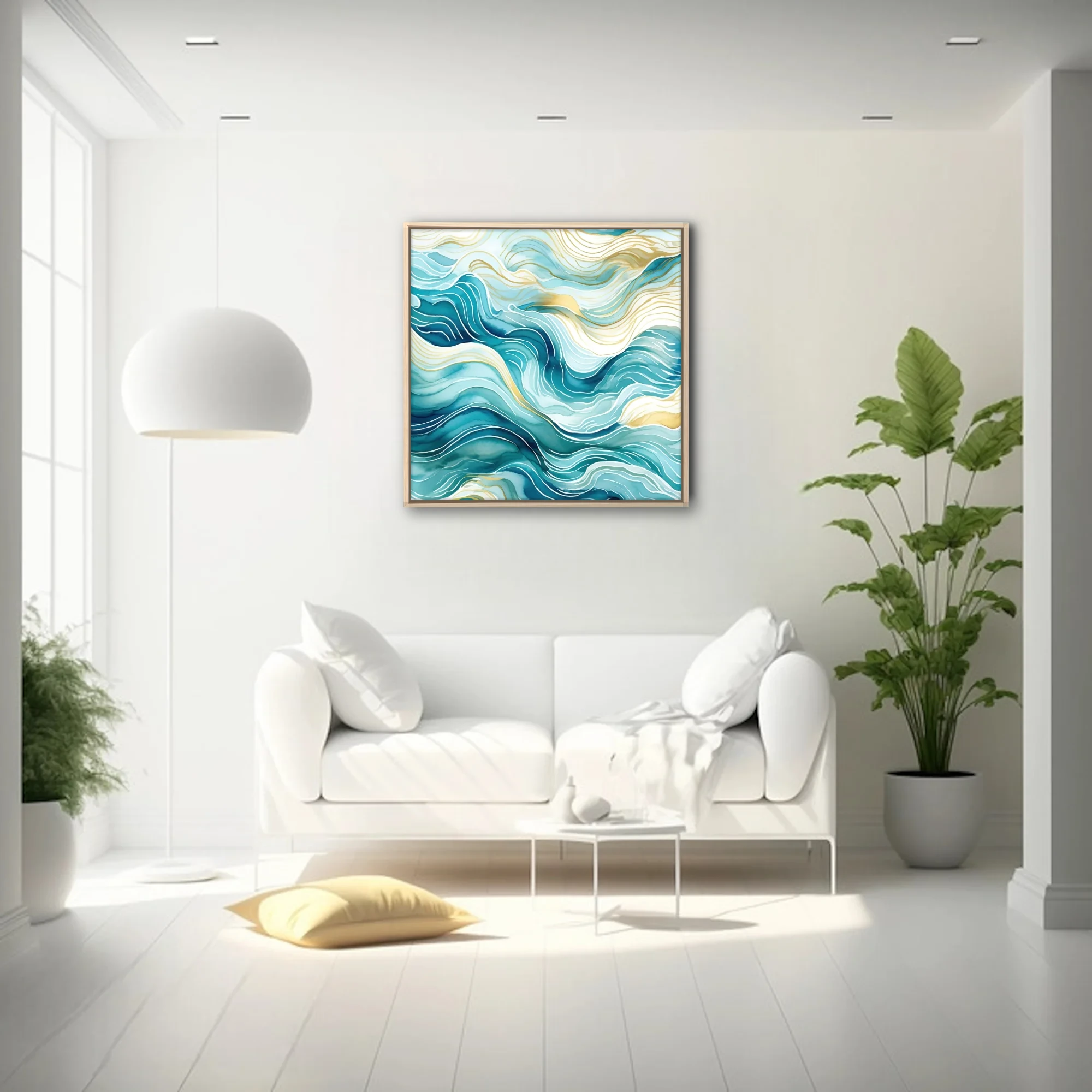 Abstract teal and gold wave composition with watercolor-style washes and flowing lines
