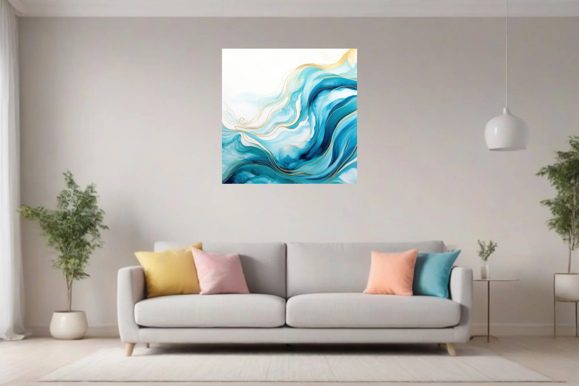 Abstract fluid art with teal waves and gold line accents on white background